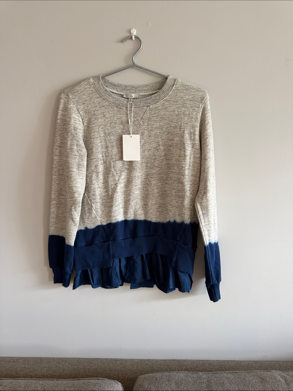 NWT XS Clu Two-Tone Ruffle Hem Sweater - Navy and Heather Gray
